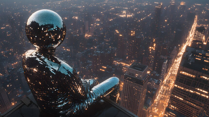 Wall Mural - A surreal and futuristic scene featuring a human figure with a disco ball head, sitting atop a skyscraper and overlooking a vibrant, illuminated cityscape at night