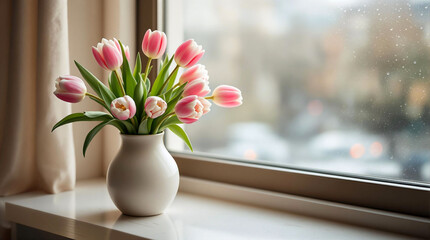 Poster - A vase filled with pink tulips placed on a windowsill, with a curtain to the left and a glass window to the right. The background is slightly blurred, giving the image a dreamy feel.