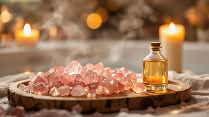 Poster - A wooden surface adorned with a bottle of rose quartz essential oil and a pile of pink himalayan salt crystals. The background is softly blurred with warm, ambient lighting, creating a tranquil atmosp