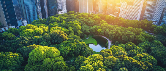 Aerial view of a lush green park surrounded by modern skyscrapers, illuminated by warm sunlight, blending nature and urban life harmoniously.