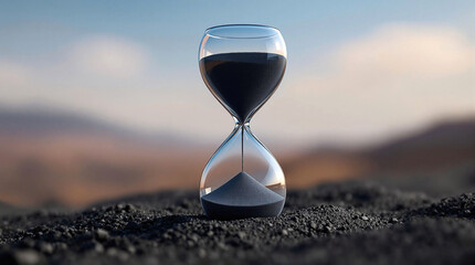 A sand clock, a classic hourglass, set against a blurred natural backdrop. The sand timer is the central focus, with its narrow neck and two bulbs connected by a narrow opening at the top, and the san