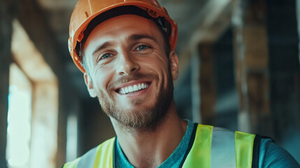 Poster - Smiling construction worker wearing safety gear, standing at industrial workplace