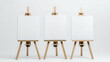 © Quality One   - Three empty white canvases on easels, showcasing minimalist art setup. clean design invites creativity and inspiration, perfect for artists and art enthusiasts