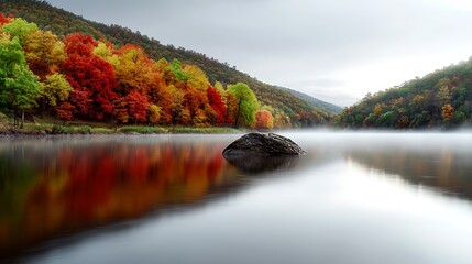 Wall Mural - Serene autumn landscape with vibrant foliage reflecting on calm water in a tranquil setting