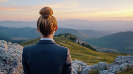 Poster - Businesswoman in suit enjoying inspiring view of mountain landscape at sunset, contemplating success and future opportunities