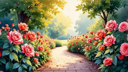 Poster - A path with a tree and pink flowers. The flowers are in the foreground and the tree is in the background