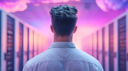 Aufkleber - Technician admiring vibrant cloud computing lights while inspecting server racks in a modern data center, highlighting advanced technology
