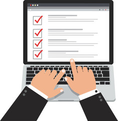 Poster - Hands typing on a laptop with a checklist displayed on the screen in a minimal flat design vector illustration