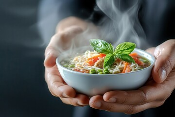 Wall Mural - Halal food organic and delicious Steaming bowl of noodles garnished with fresh herbs.