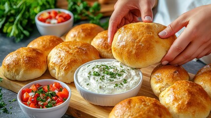 Wall Mural - Halal food organic and delicious Freshly baked bread rolls with creamy dip and garnished vegetables.