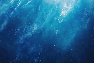 Poster - A photo featuring a blue and white background with shining stars scattered across the sky Deep sea colors blending in a serene space nebula .