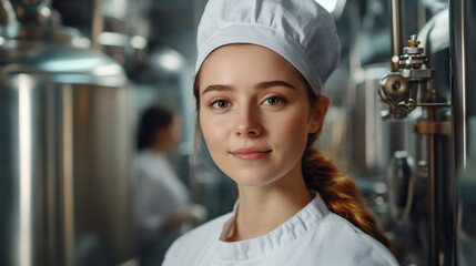 Aufkleber - Portrait of female technologist posing near industrial tank at production department of food factory