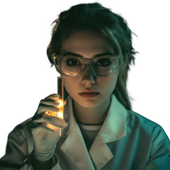 Poster - Young female scientist focuses on glowing tube in laboratory setting during evening hours, Young female scientist holding a tube