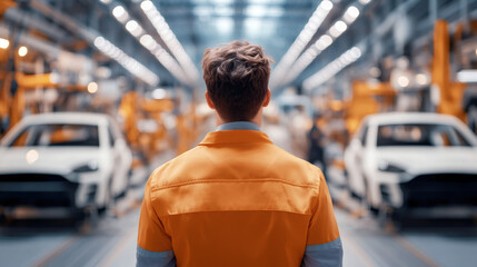 Aufkleber - Automotive engineer wearing orange uniform supervising car production line in a modern factory