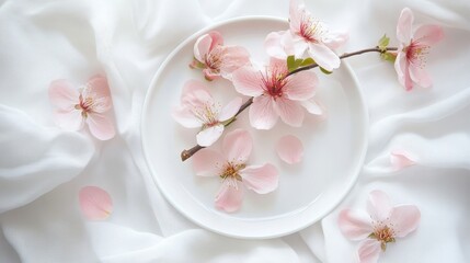 Canvas Print - Elegant arrangement of pink cherry blossoms on white fabric