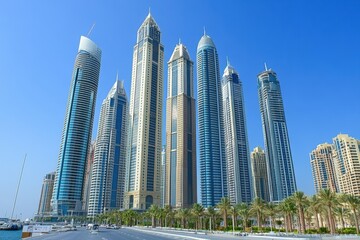Poster - A photo featuring a collection of towering buildings set against a backdrop of clear blue sky .
