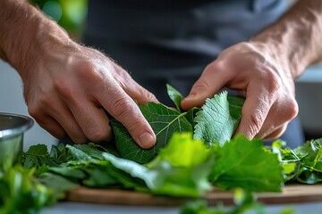 Wall Mural - Halal food organic and delicious Hands preparing fresh herbs in a kitchen setting.