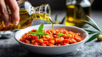 Wall Mural - Halal food organic and delicious Fresh tomatoes drizzled with olive oil and garnished with basil.