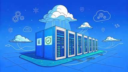Poster - secure cloud storage concept, Futuristic data center with servers, clouds, and digital elements