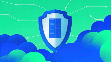 Poster - secure cloud storage concept, Digital shield concept protecting cloud data with abstract design