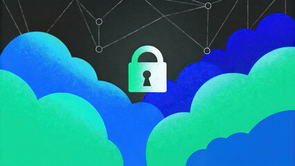 Poster - secure cloud storage concept, digital lock symbolizing security in cloud storage with blue and green clouds