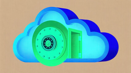 Poster - secure cloud storage concept, Cloud storage with secure vault symbolizes cybersecurity protection