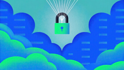 Poster - secure cloud storage concept, Secure padlock symbolizing safe cloud storage above blue clouds