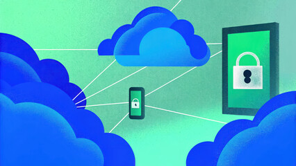 Poster - secure cloud storage concept, Secure cloud technology illustration with devices and clouds