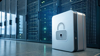 Poster - secure cloud storage concept, Secure cloud storage with padlock symbol, emphasizing data protection and safety