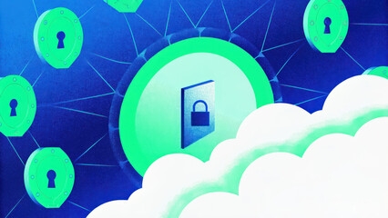 Poster - secure cloud storage concept, Secure cloud encryption with digital locks and protective shield
