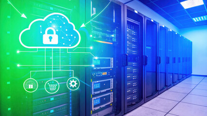 Poster - secure cloud storage concept, Secure cloud network with servers and cybersecurity icons