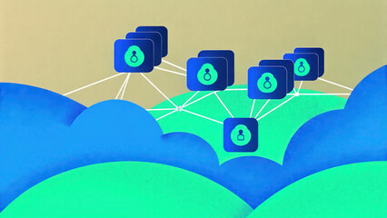 Poster - secure cloud storage concept, Secure cloud infrastructure concept with interconnected data icons