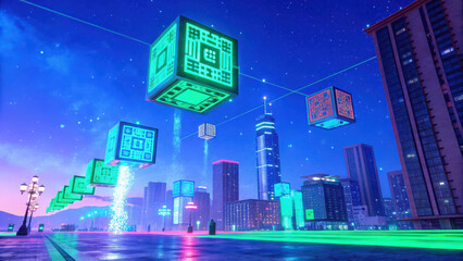 Poster - secure cloud storage concept, Surreal cyberpunk landscape with floating neon cubes and city skyline