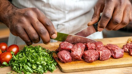 Wall Mural - Halal food organic and delicious Slicing meat with fresh vegetables on a wooden cutting board.