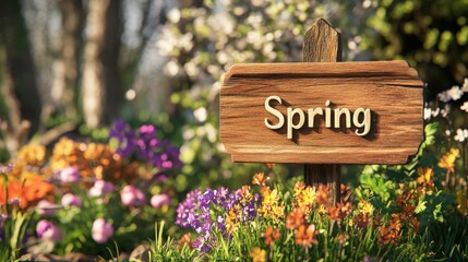 Canvas Print - Rustic wooden sign marking blooming spring garden with colorful flowers