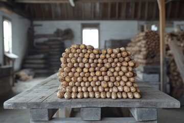 Canvas Print - A minimalistic composition of fresh turmeric rhizomes stacked neatly on a wooden table in a rustic setting