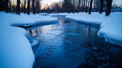 Canvas Print - Winter river scene, snow banks, trees, sunset