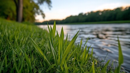 Canvas Print - Riverbank grass sunset landscape, nature scene