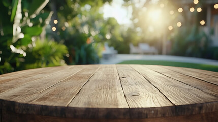 Aufkleber - Vacant rustic wooden table surrounded by garden greenery, illuminated by soft hanging lights