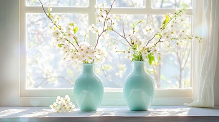 Canvas Print - Sunlit window with cherry blossom in blue vases capturing spring serenity