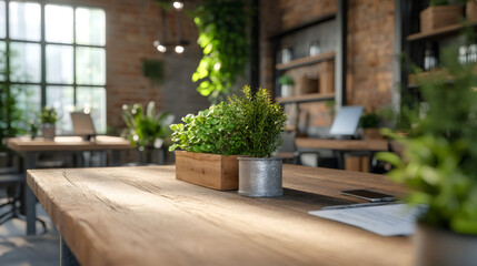 Poster - Potted green plants resting on wooden surface near large windows, illuminating minimalist office interior with natural daylight and organic workspace design