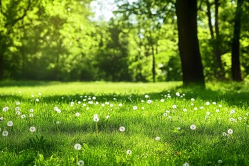 Canvas Print - Sunny meadow with dandelions in vibrant green forest