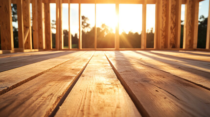 Poster - Construction site wooden flooring, sunlight casting golden hues across unfinished interior framing