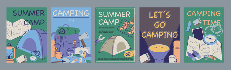 Aufkleber - Summer camping typography template posters. Vertical covers with camp tent, travel map, compass, flashlight, other expedition equipment. Modern banners set in minimalism design. Vector illustration.
