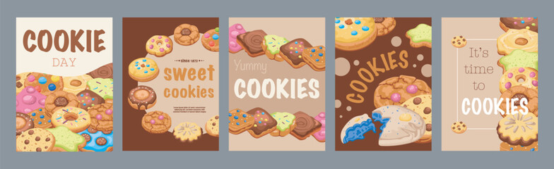 Poster - Cookie day typography template posters. Vertical covers with homemade sweets with chips, delicious desserts, bakery and pastry menu. Modern banners set in minimalism design. Vector illustration.