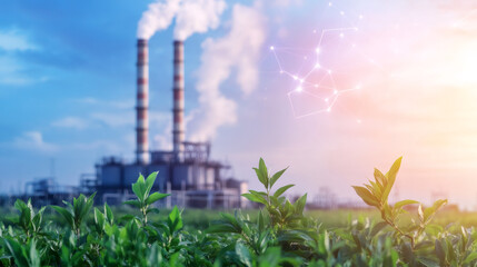 Poster - Industrial chimneys emitting smoke rise in the background while green plants thrive in the foreground, illustrating environmental challenges