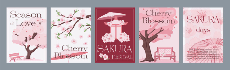 Poster - Sakura blossom typography template posters. Vertical covers with pink season cherry trees with blooming flowers in japanese springtime. Modern banners set in minimalism design. Vector illustration.