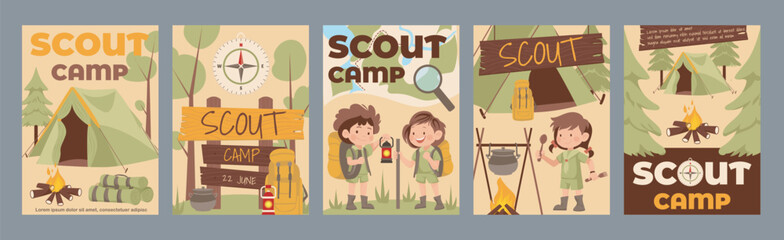 Aufkleber - Scouts camp typography template posters. Vertical covers with cute boys and girls in uniform hiking, exploring forest in campfire event. Modern banners set in minimalism design. Vector illustration.