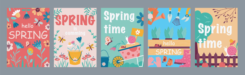 Aufkleber - Hello spring time typography template posters. Vertical covers with springtime flowers, wheelbarrow, buckets, season gardening tools. Modern banners set in minimalism design. Vector illustration.