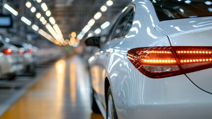 Poster - detailing a new car taillight on the assembly line within a car manufacturing plant, showcasing mode